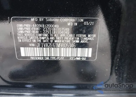 2021 Subaru Wrx Sti из США, поврежденный, VIN JF1VA2E61M9805346